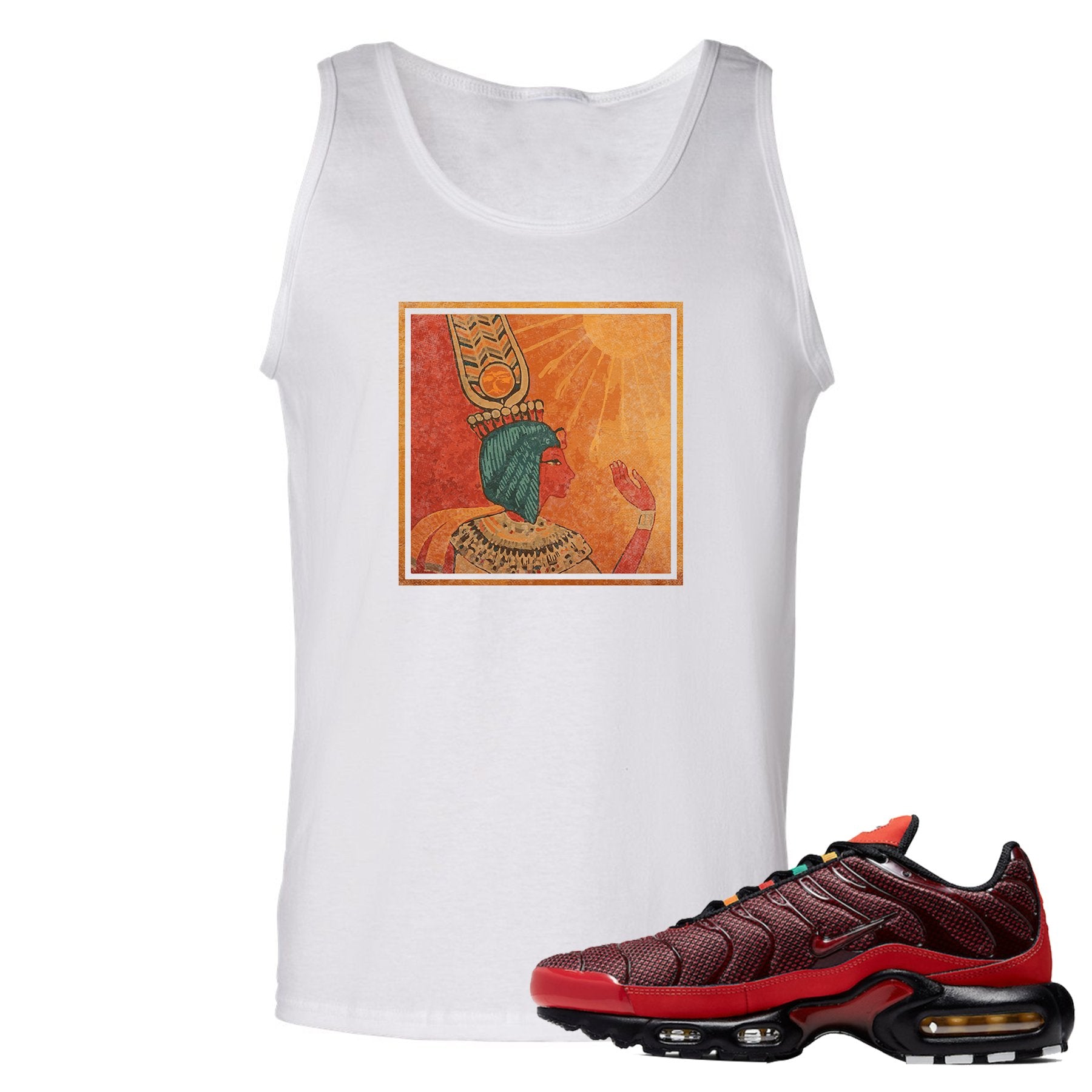 printed on the front of the air max plus sunburst sneaker matching white tank top is the vintage egyptian logo