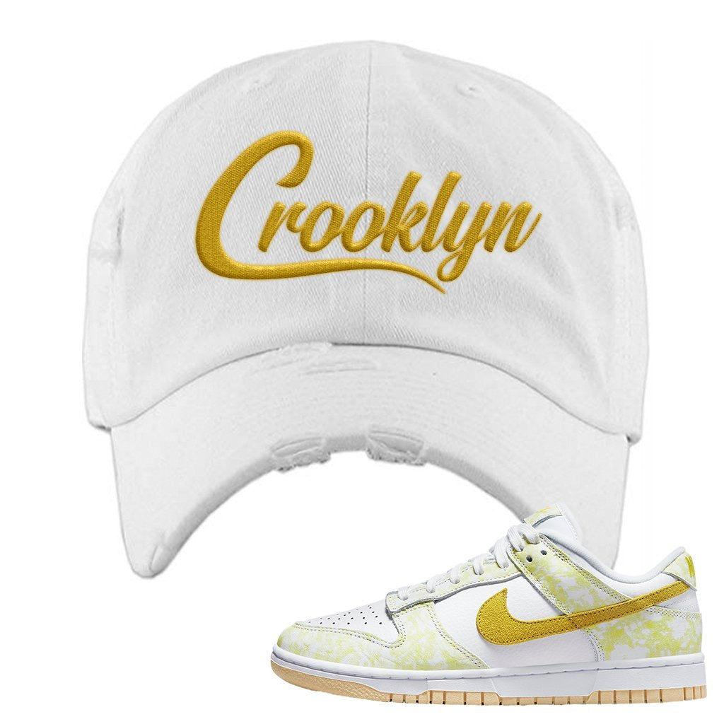 Yellow Strike Low Dunks Distressed Dad Hat | Crooklyn, White