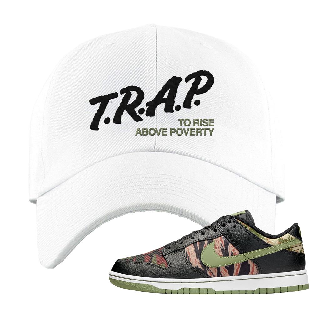 Multi Camo Low Dunks Dad Hat | Trap To Rise Above Poverty, White