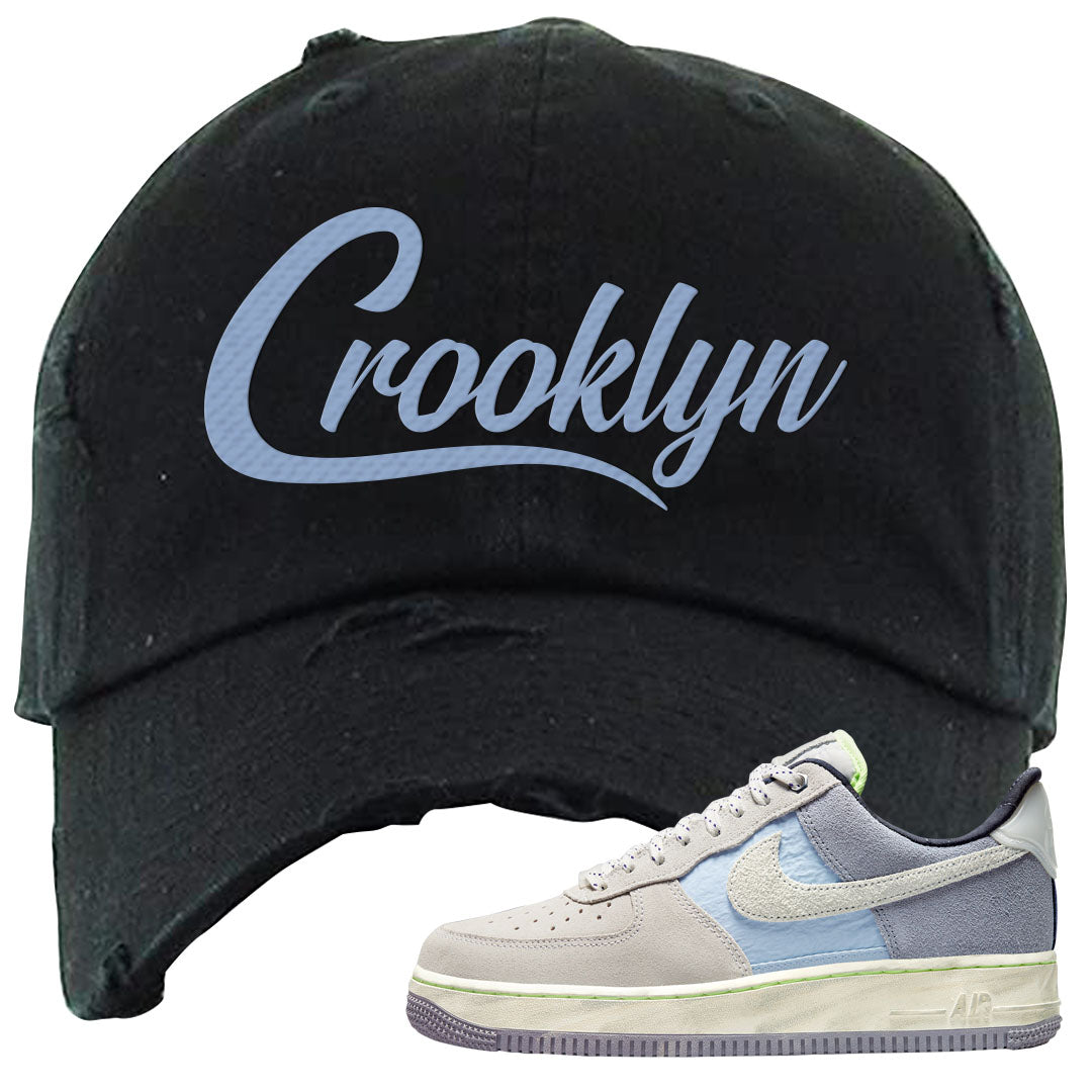Womens Mountain White Blue AF 1s Distressed Dad Hat | Crooklyn, Black