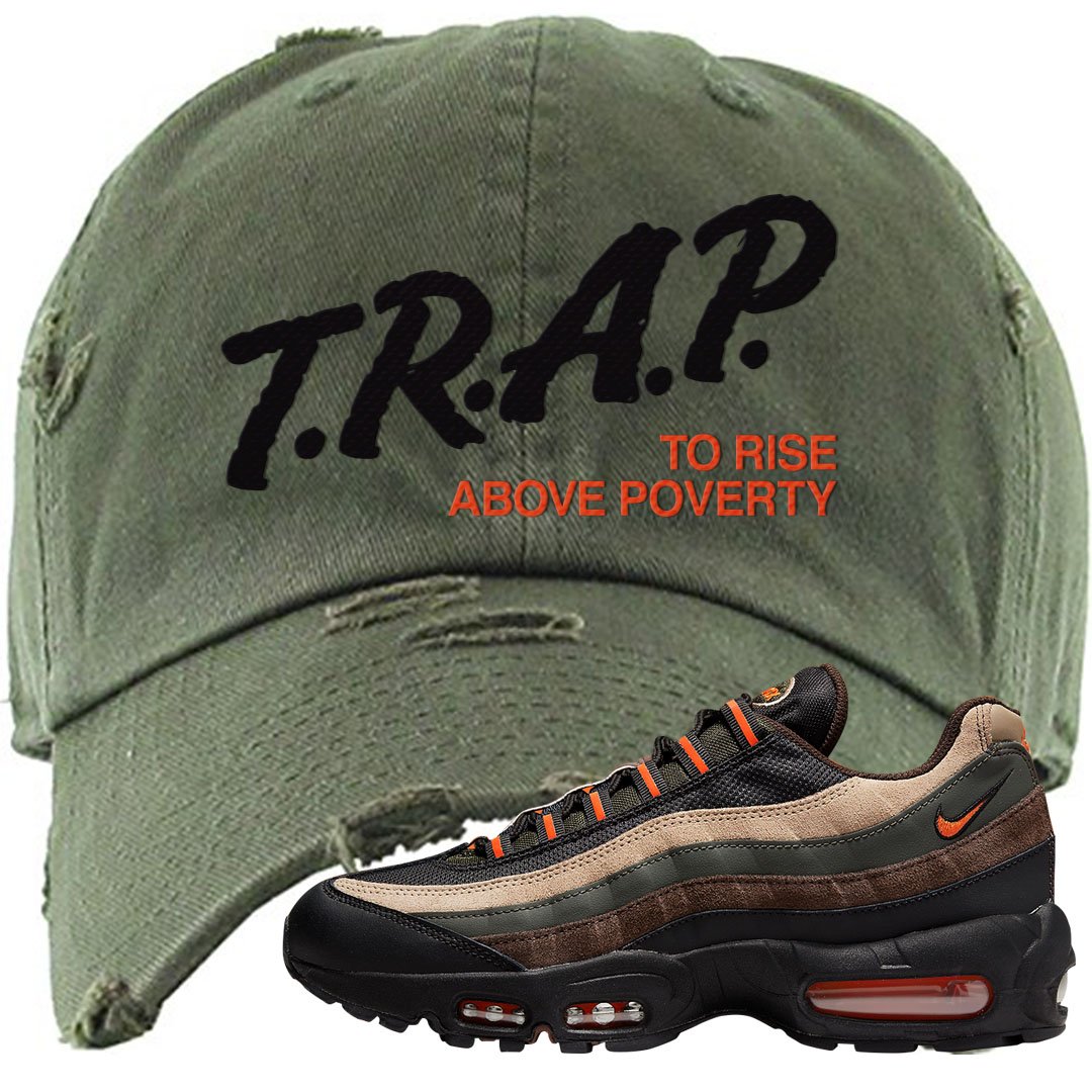 Dark Army Orange Blaze 95s Distressed Dad Hat | Trap To Rise Above Poverty, Olive