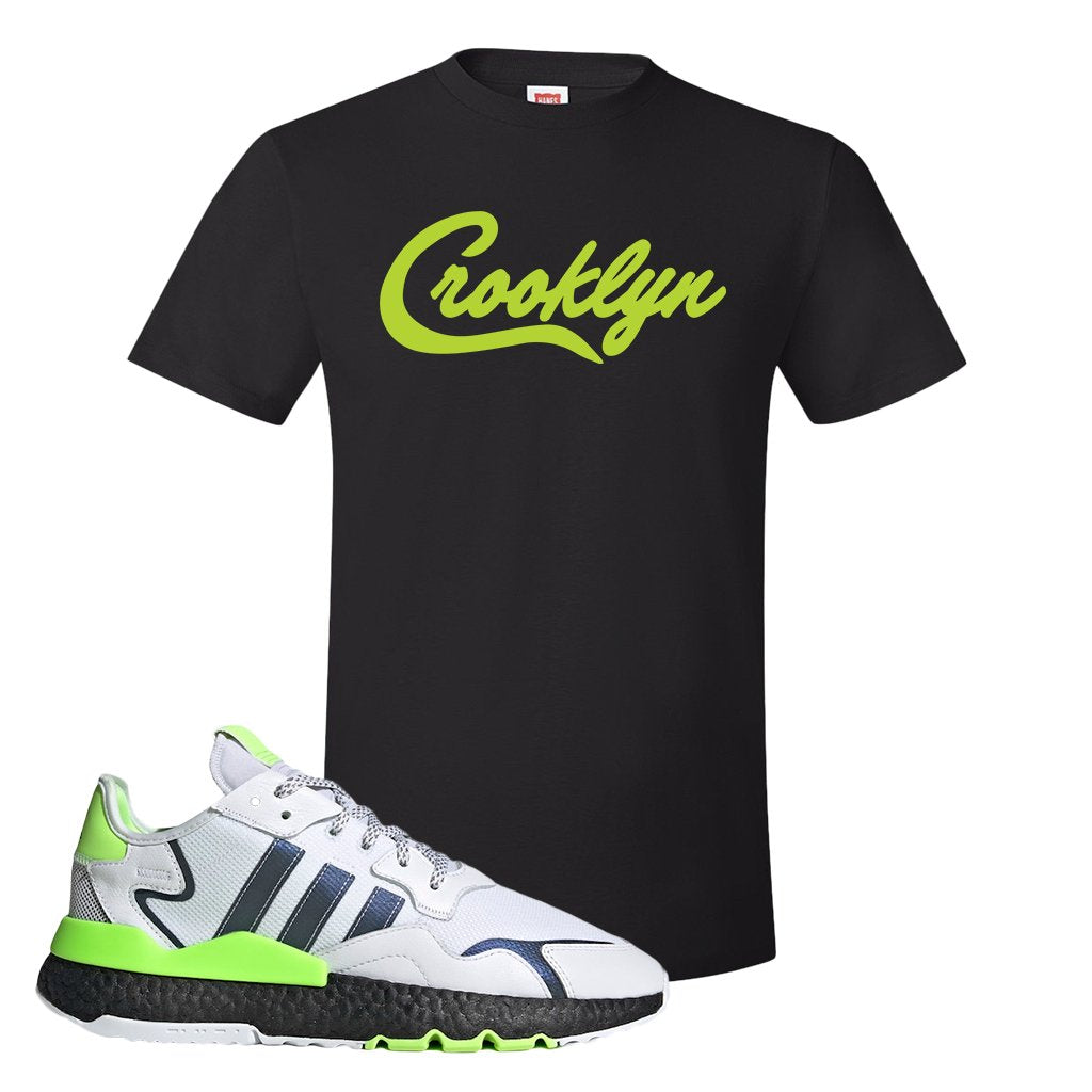 Nite Jogger Signal Green Sneaker Black T Shirt | Tees to match Adidas Nite Jogger Signal Green Shoes | Crooklyn