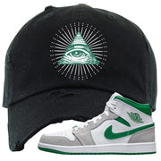 Light Smoke Pine Green Mid 1s Distressed Dad Hat | All Seeing Eye, Black