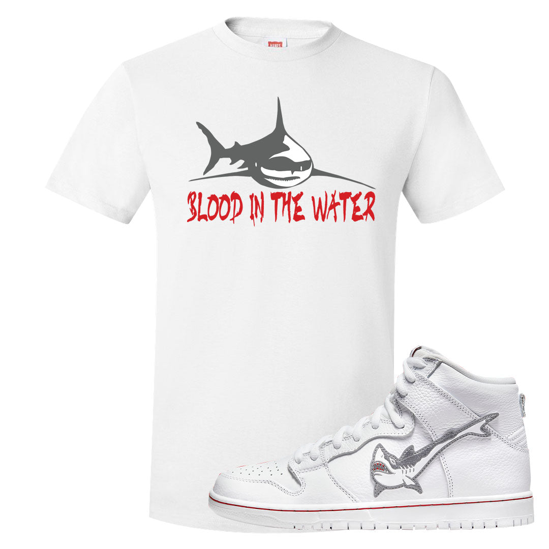 Shark High Dunks T Shirt | Blood In The Water, White