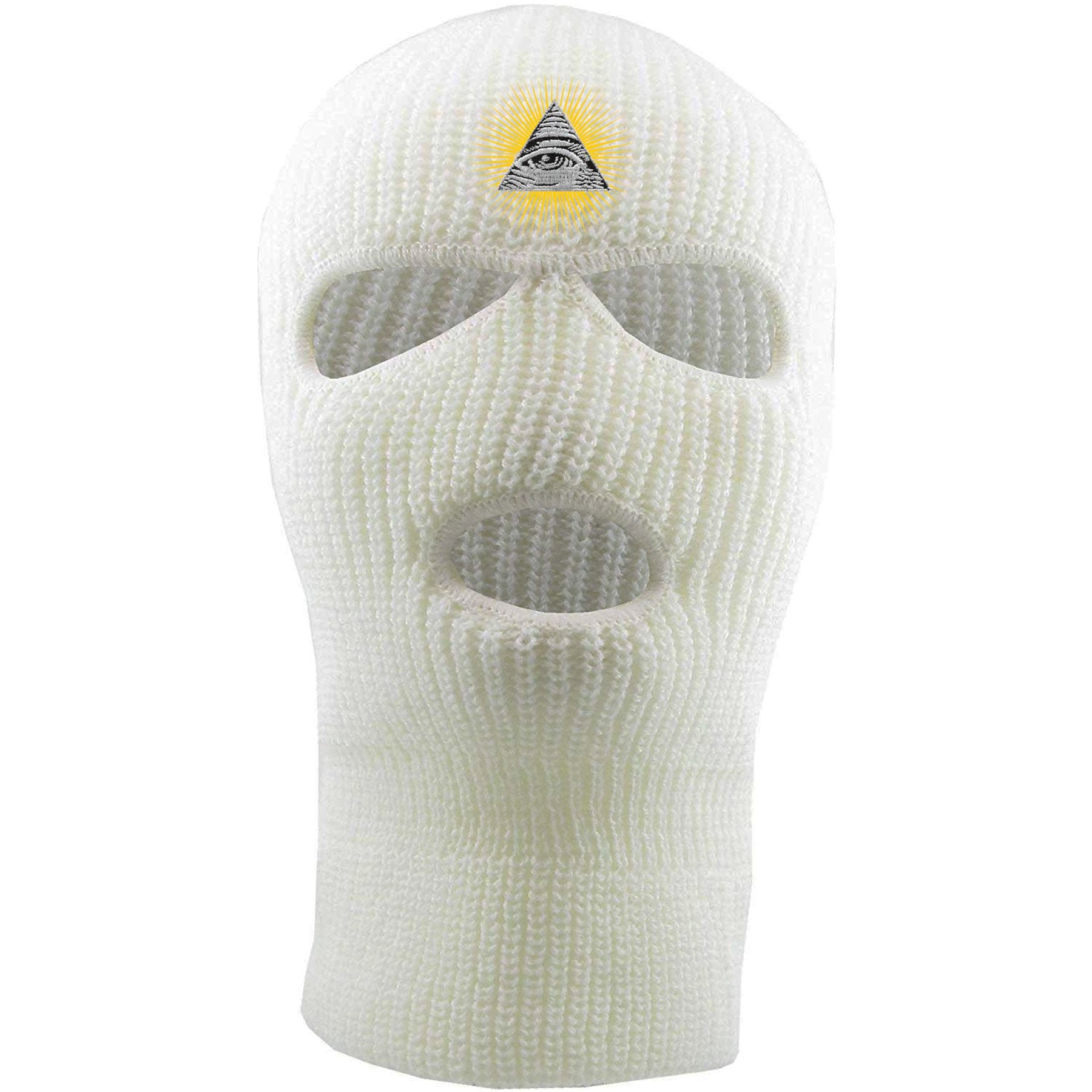 Embroidered on the forehead of the white pyramid ski mask is the all seeing eye logo embroidered in white, black, and gold
