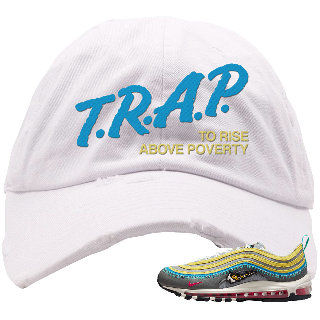 Sprung Yellow 97s Distressed Dad Hat | Trap To Rise Above Poverty, White