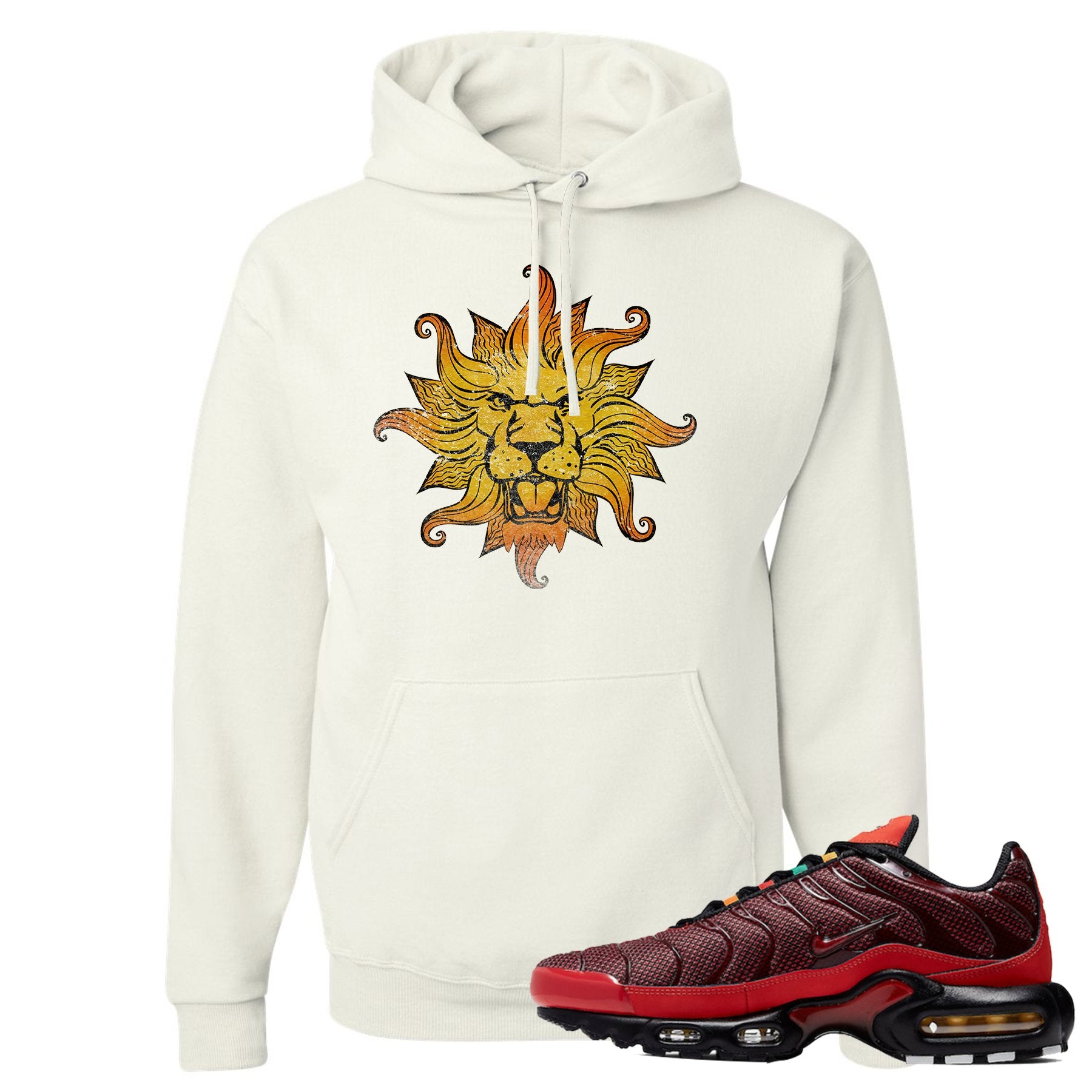 printed on the front of the air max plus sunburst sneaker matching white pullover hoodie is the vintage lion head logo