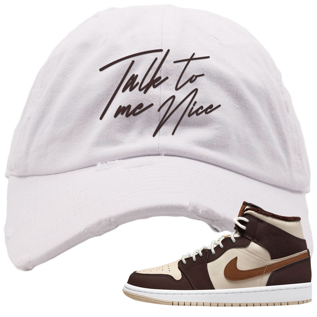 Brown Fleece Mid 1s Distressed Dad Hat | Talk To Me Nice, White