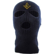 Embroidered on the front of the navy masonic ski mask is the mason square compass logo embroidered in gold and black