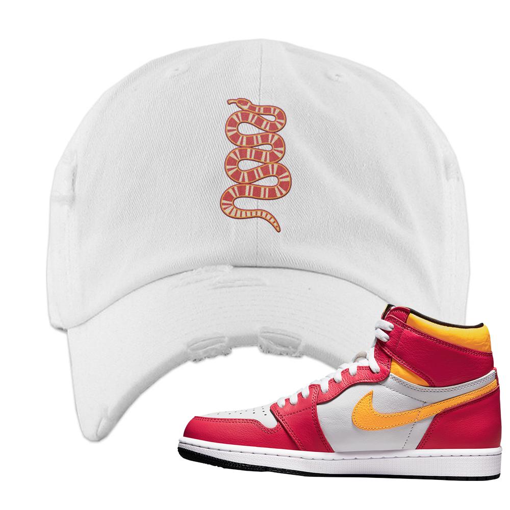 Air Jordan 1 Light Fusion Red Distressed Dad Hat | Coiled Snake, White