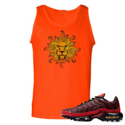 printed on the front of the air max plus sunburst sneaker matching orange tank top is the vintage lion head logo