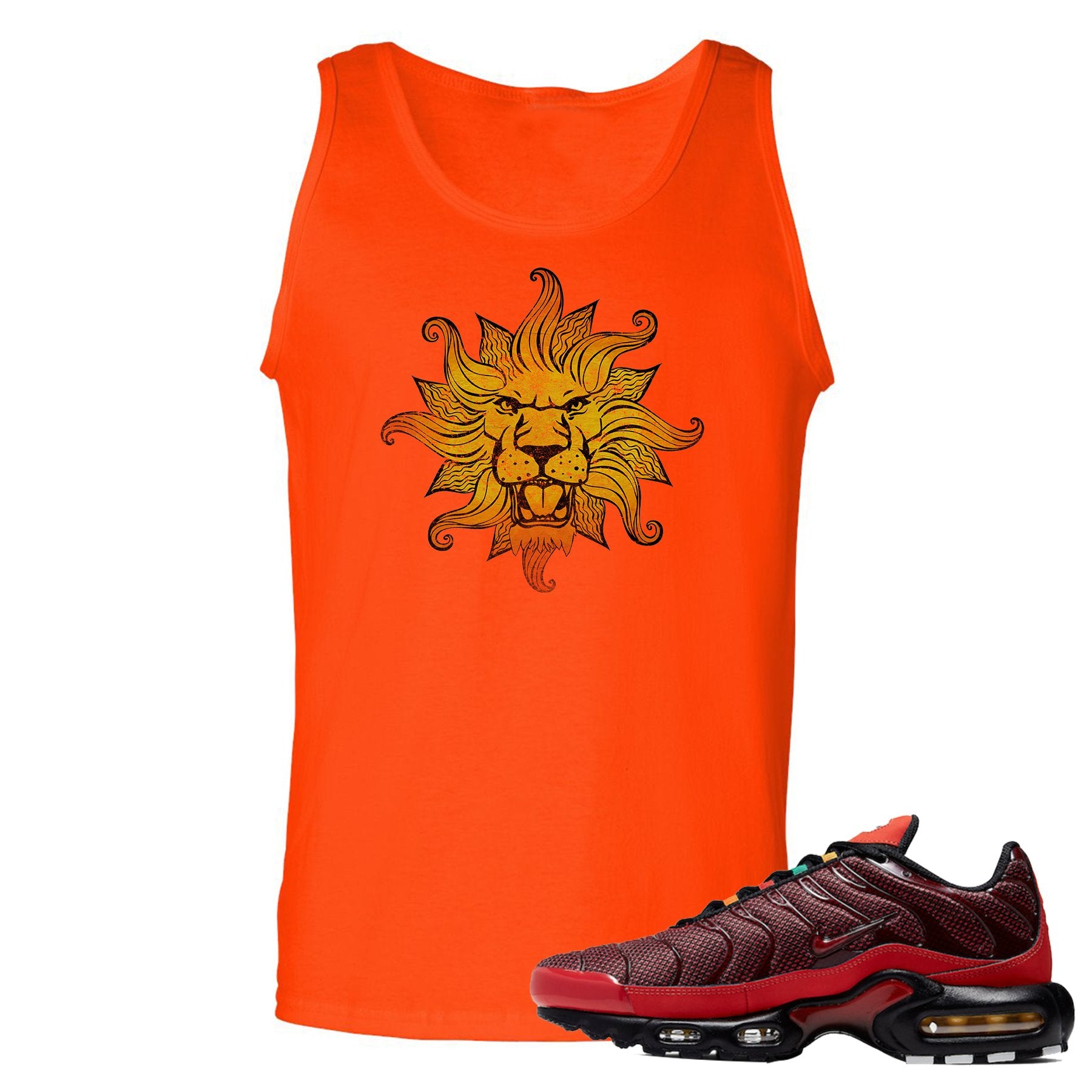 printed on the front of the air max plus sunburst sneaker matching orange tank top is the vintage lion head logo