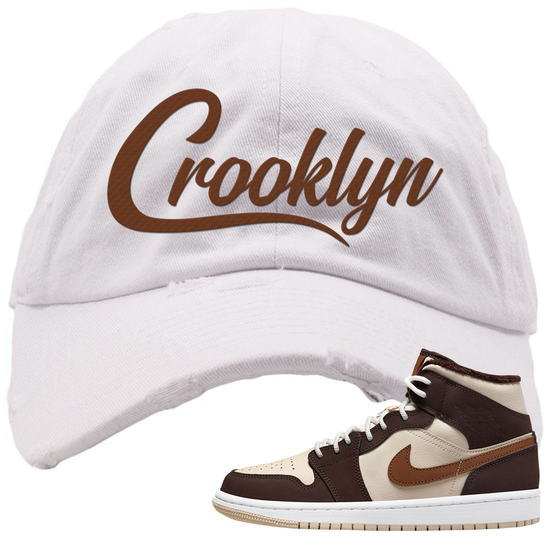 Brown Fleece Mid 1s Distressed Dad Hat | Crooklyn, White