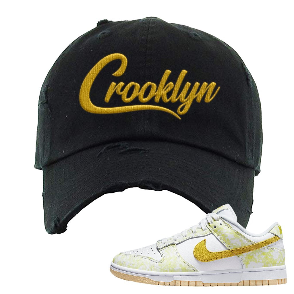 Yellow Strike Low Dunks Distressed Dad Hat | Crooklyn, Black