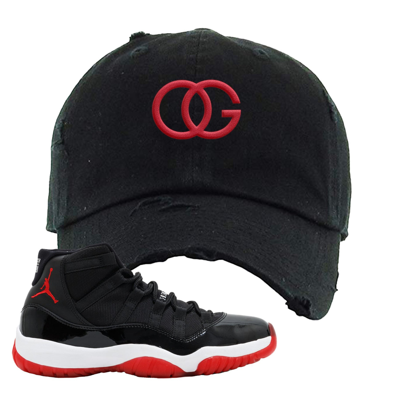 Jordan 11 Bred OG Black Sneaker Hook Up Distressed Dad Hat