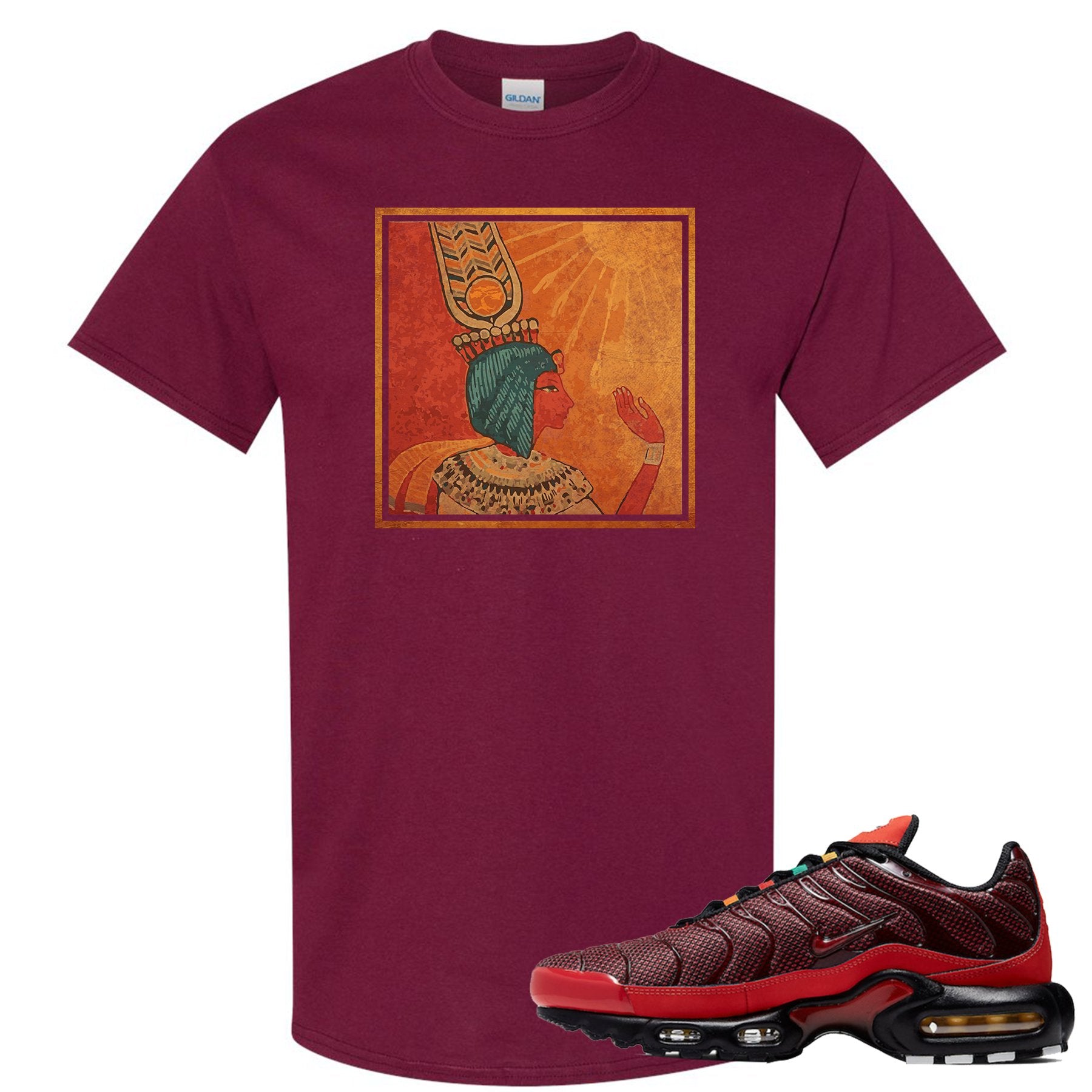 printed on the front of the air max plus sunburst sneaker matching maroon tee shirt is the vintage egyptian logo