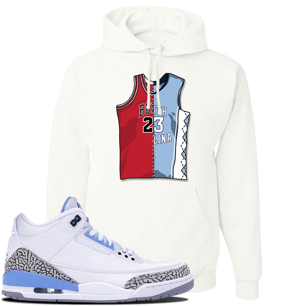 Jordan 3 UNC Sneaker White Pullover Hoodie | Hoodie to match Nike Air Jordan 3 UNC Shoes | Half UNC Half Bulls