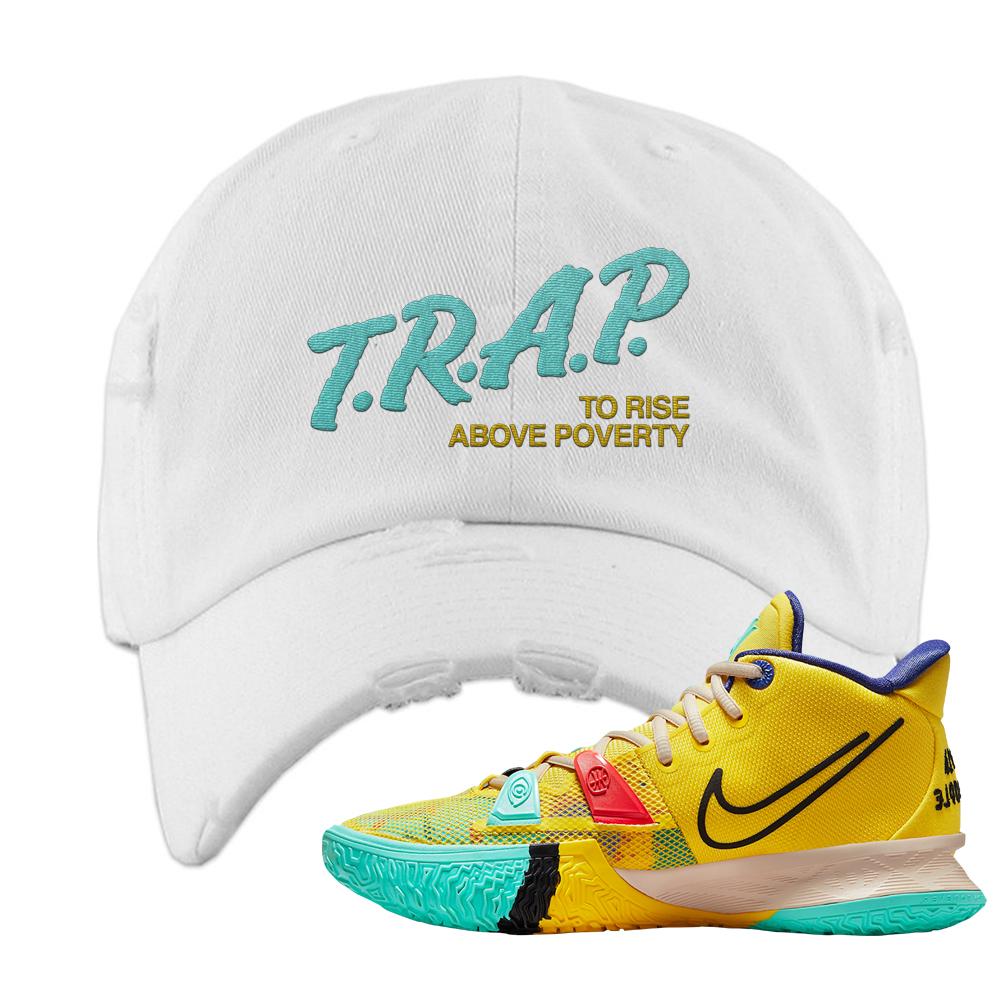 1 World 1 People Yellow 7s Distressed Dad Hat | Trap To Rise Above Poverty, White