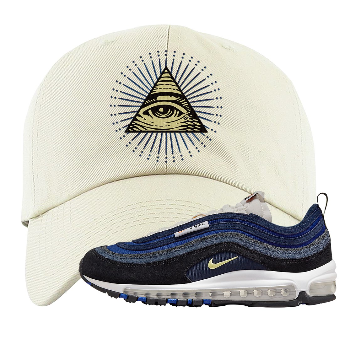 Navy Suede AMRC 97s Dad Hat | All Seeing Eye, White