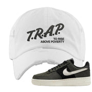 Furry Black Light Bone Low AF 1s Distressed Dad Hat | Trap To Rise Above Poverty, White