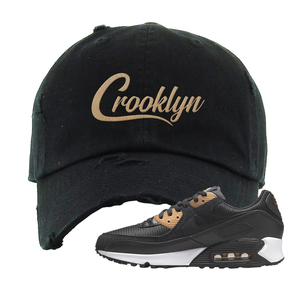 Air Max 90 Black Old Gold Distressed Dad Hat | Crooklyn, Black
