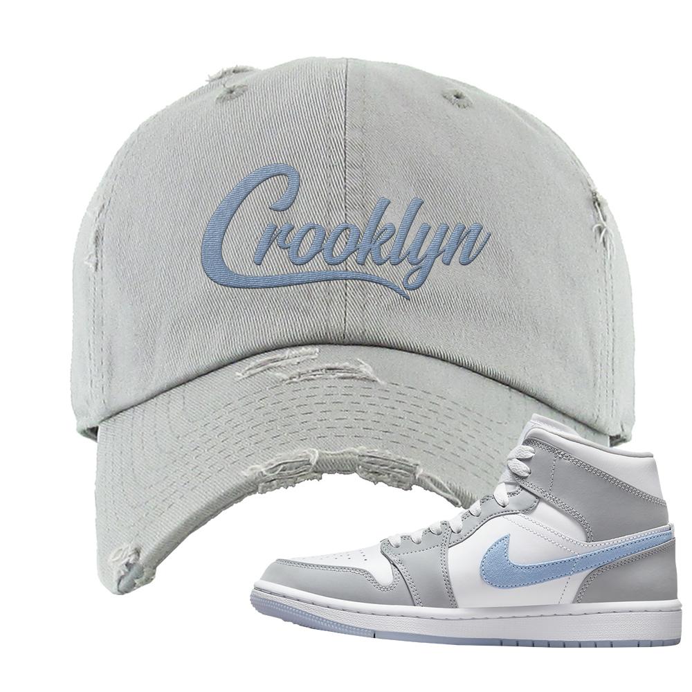 Air Jordan 1 Mid Grey Ice Blue Distressed Dad Hat | Crooklyn, Light Gray