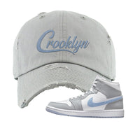 Air Jordan 1 Mid Grey Ice Blue Distressed Dad Hat | Crooklyn, Light Gray