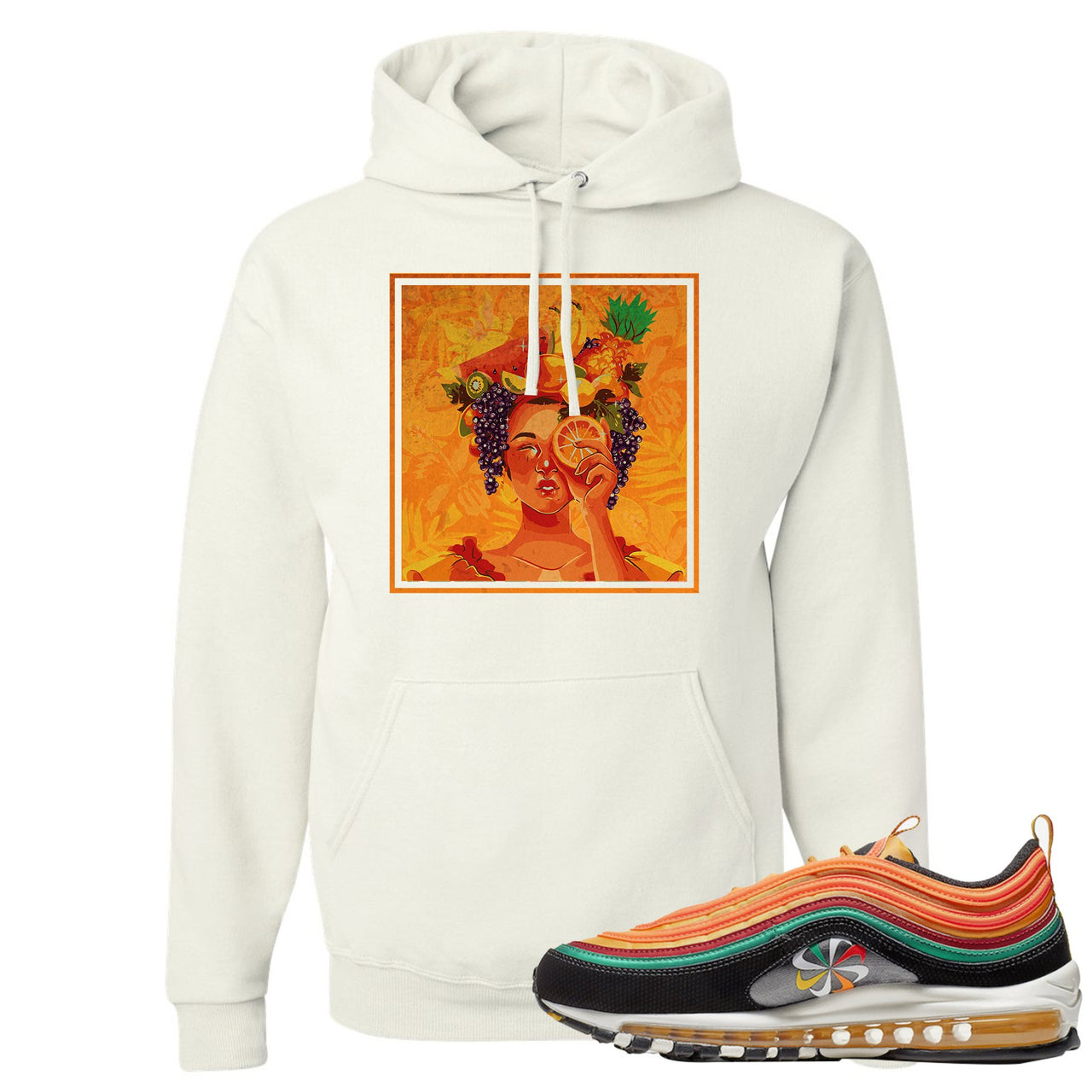 Printed on the front of the Air Max 97 Sunburst white sneaker matching pullover hoodie is the Lady Fruit logo
