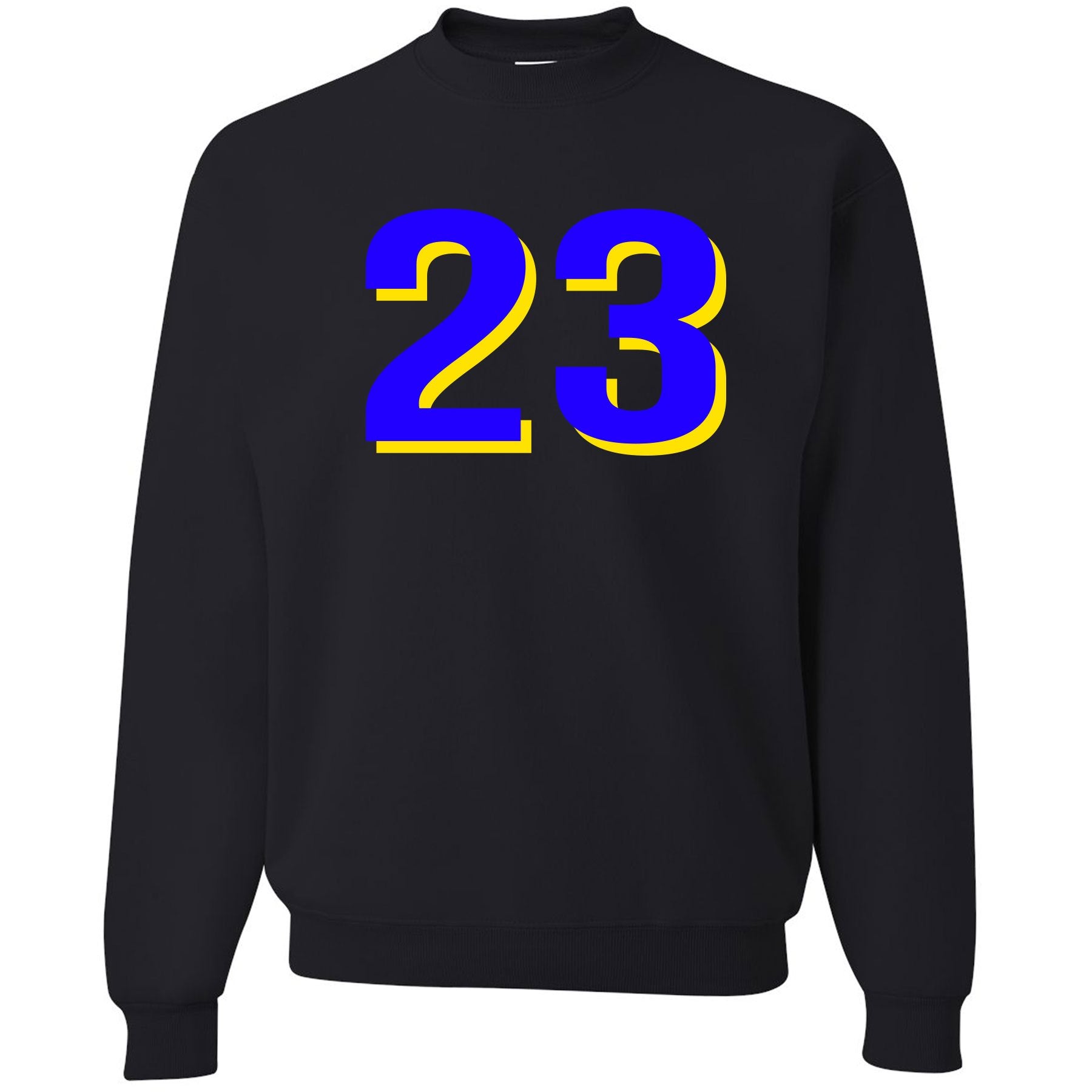 Printed on the front of the Jordan 5 Laney sneaker matching crewneck is the 23 logo printed in blue and yellow