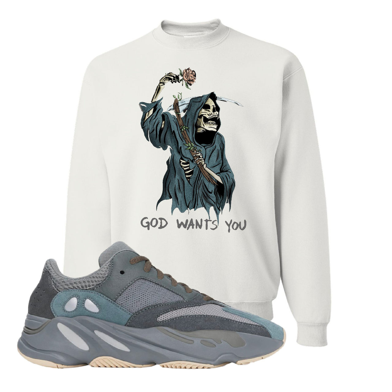 Yeezy Boost 700 Teal Blue God Wants You Reaper White Sneaker Hook Up Crewneck Sweatshirt