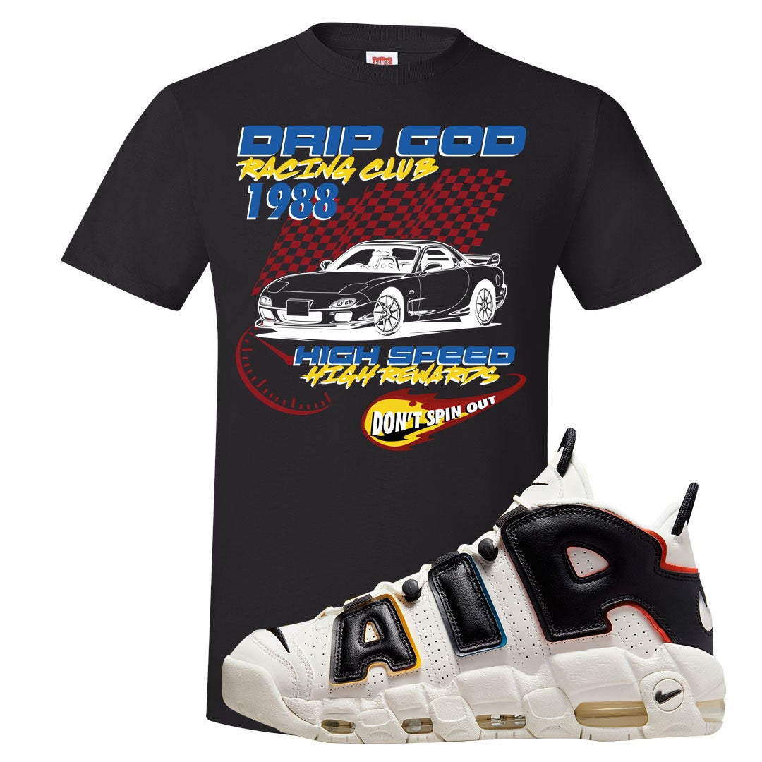 Multicolor Uptempos T Shirt | Drip God Racing Club, Black