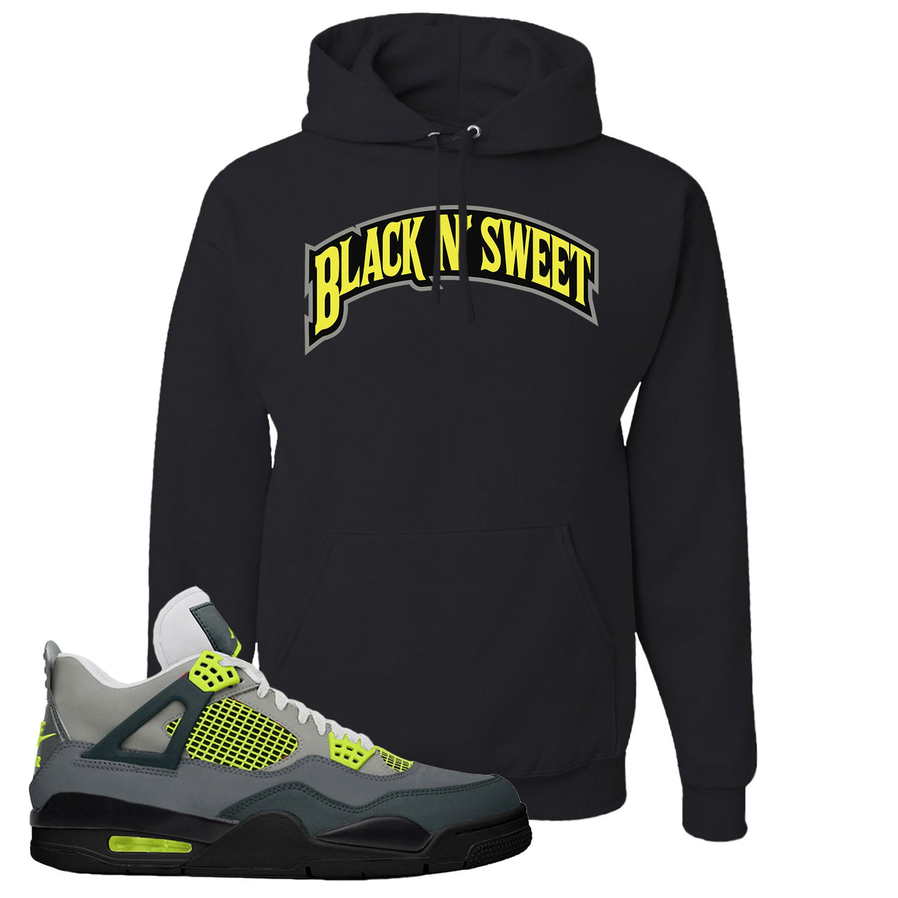 Jordan 4 Neon Sneaker Black Pullover Hoodie | Hoodie to match Nike Air Jordan 4 Neon Shoes | Black N Sweet Arch