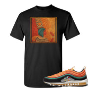 Printed on the front of the Air Max 97 Sunburst black sneaker matching tee shirt is the Vintage Egyptian logo