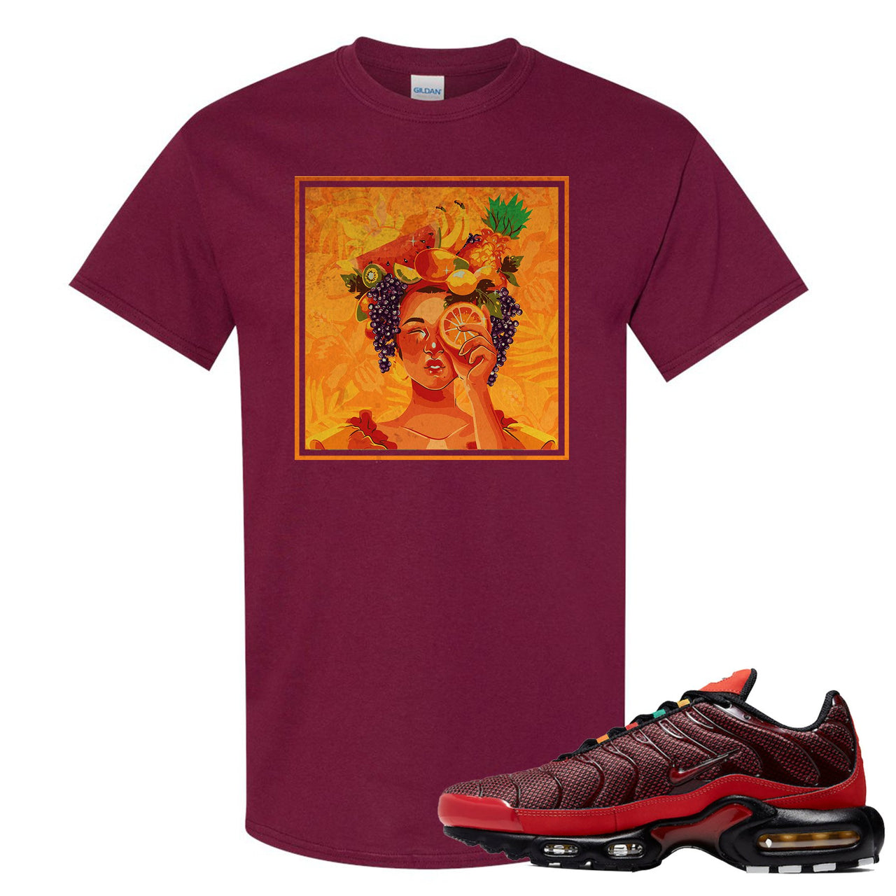 printed on the front of the nike air max plus sneaker matching maroon t-shirt is the lady fruit logo