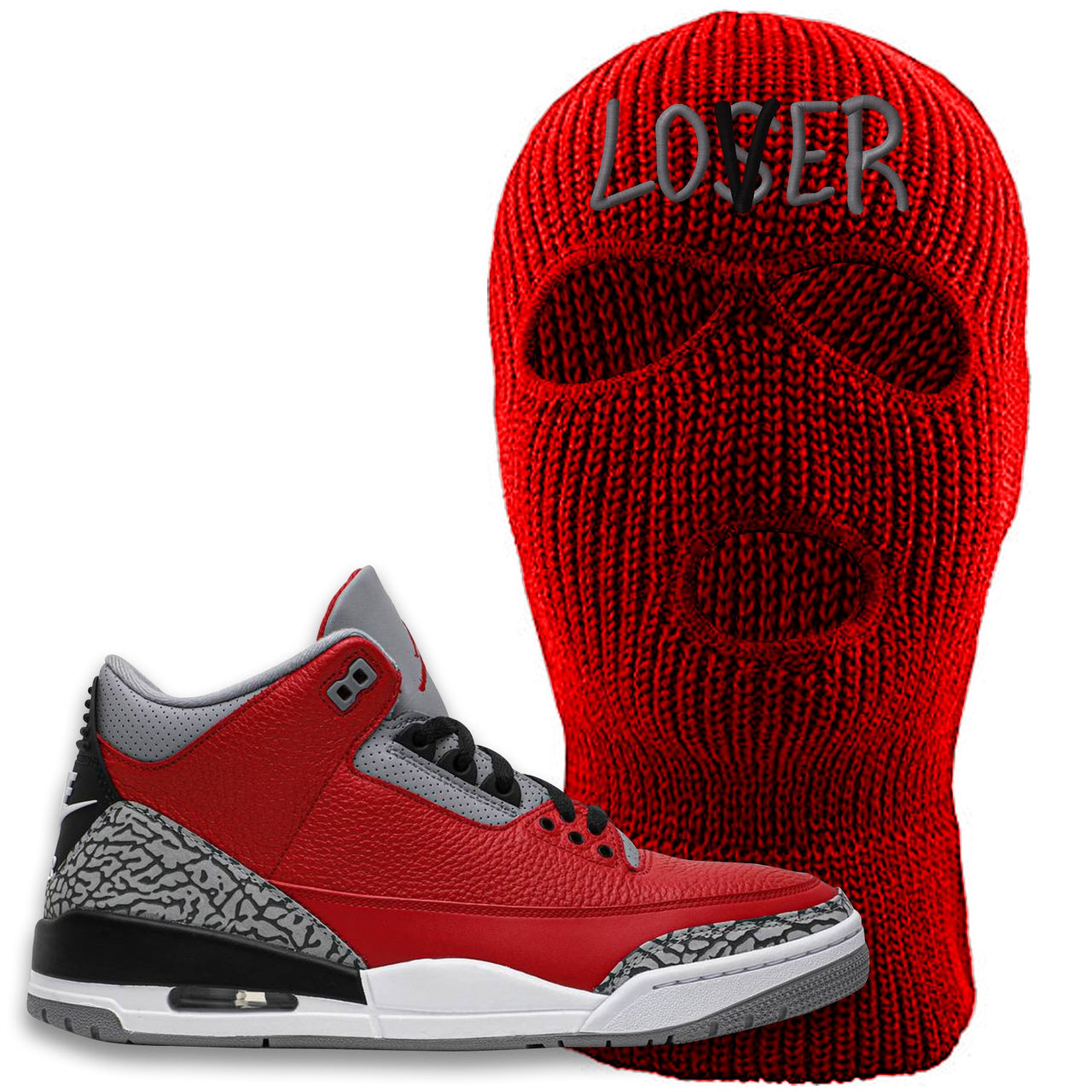Chicago Exclusive Jordan 3 Cement Sneaker Red Ski Mask | Winter Mask to match Jordan 3 All Star Red Cement Shoes | Lover