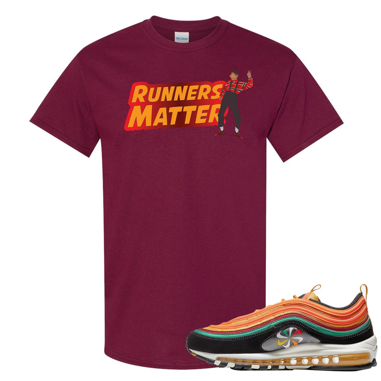 Printed on the front of the Air Max 97 Sunburst maroon sneaker matching t-shirt is the Runners Matter logo