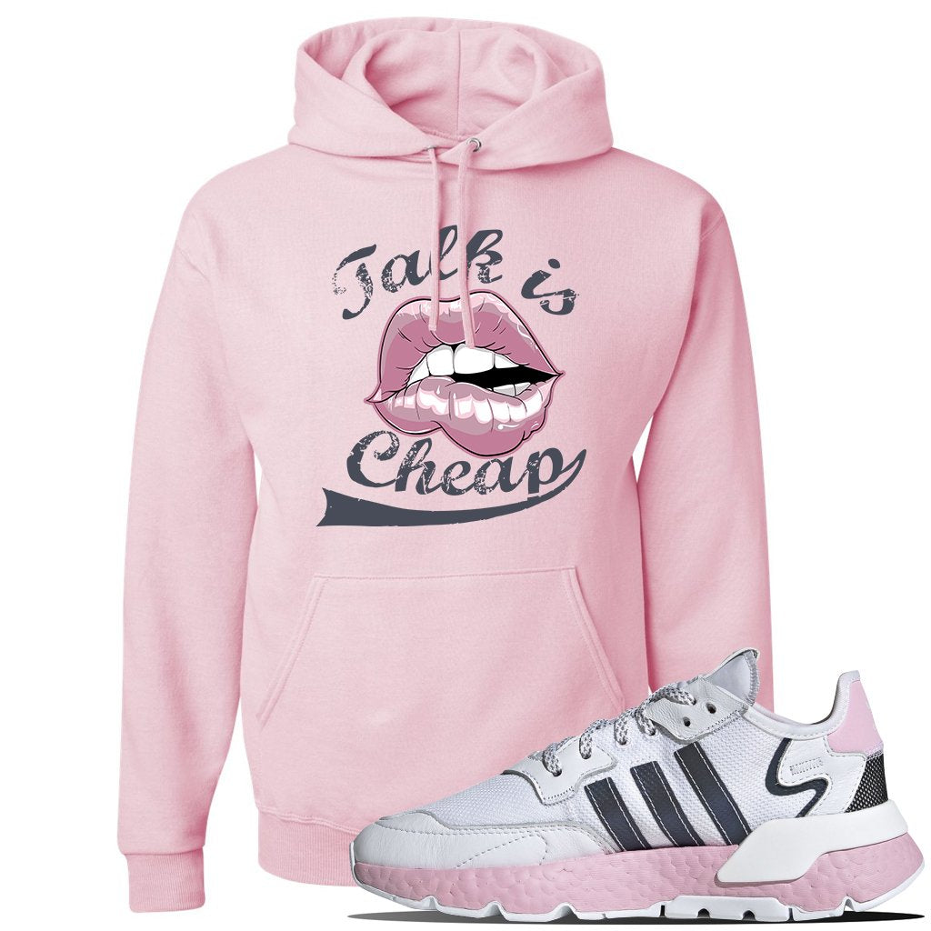 WMNS Nite Jogger Pink Boost Sneaker Classic Pink Pullover Hoodie | Hoodie to match Adidas WMNS Nite Jogger Pink Boost Shoes | Talk Is Cheap