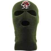 Embroidered on the front of the Foot Clan Bonsai Tree olive ski mask is the Foot Clan Bonsai Tree Rising Sun logo