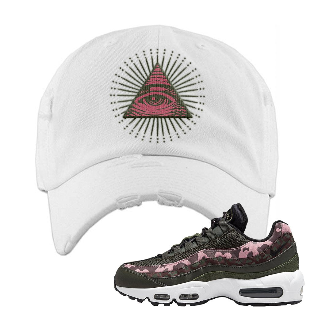 Olive Pink Camo 95s Distressed Dad Hat | All Seeing Eye, White