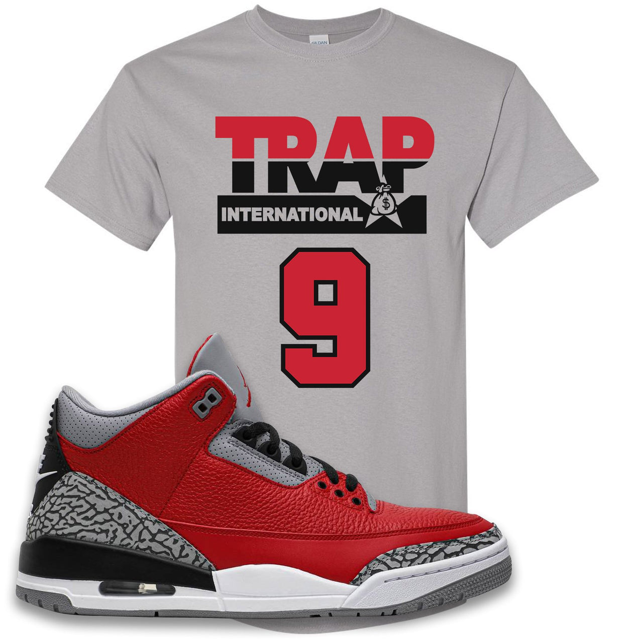 Jordan 3 Red Cement Chicago All-Star Sneaker Gravel T Shirt | Tees to match Jordan 3 All Star Red Cement Shoes | Trap International