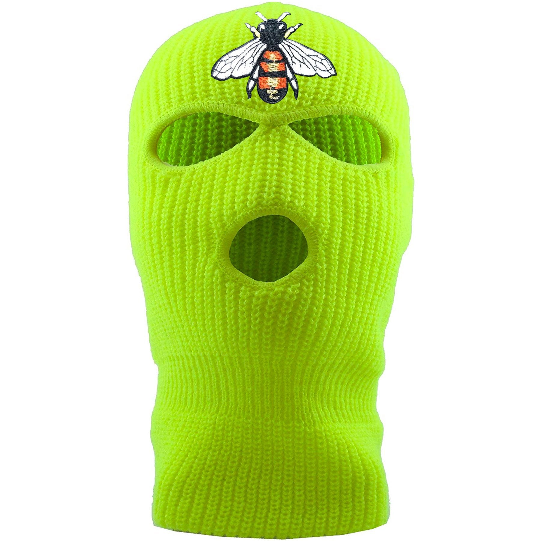 Embroidered on the front of the bumblebee safety yellow ski mask is the bumble bee logo embroidered in red, white, black, and gold Jackboys ski mask
