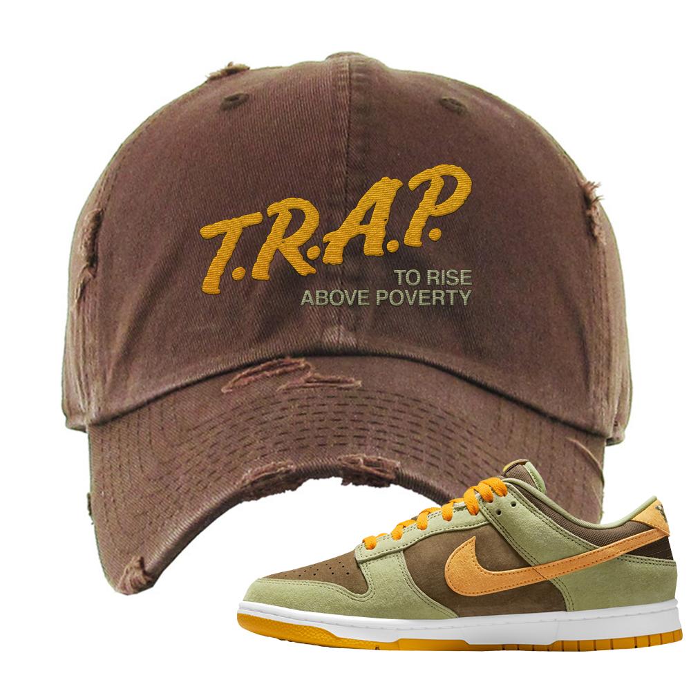 SB Dunk Low Dusty Olive Distressed Dad Hat | Trap To Rise Above Poverty, Brown