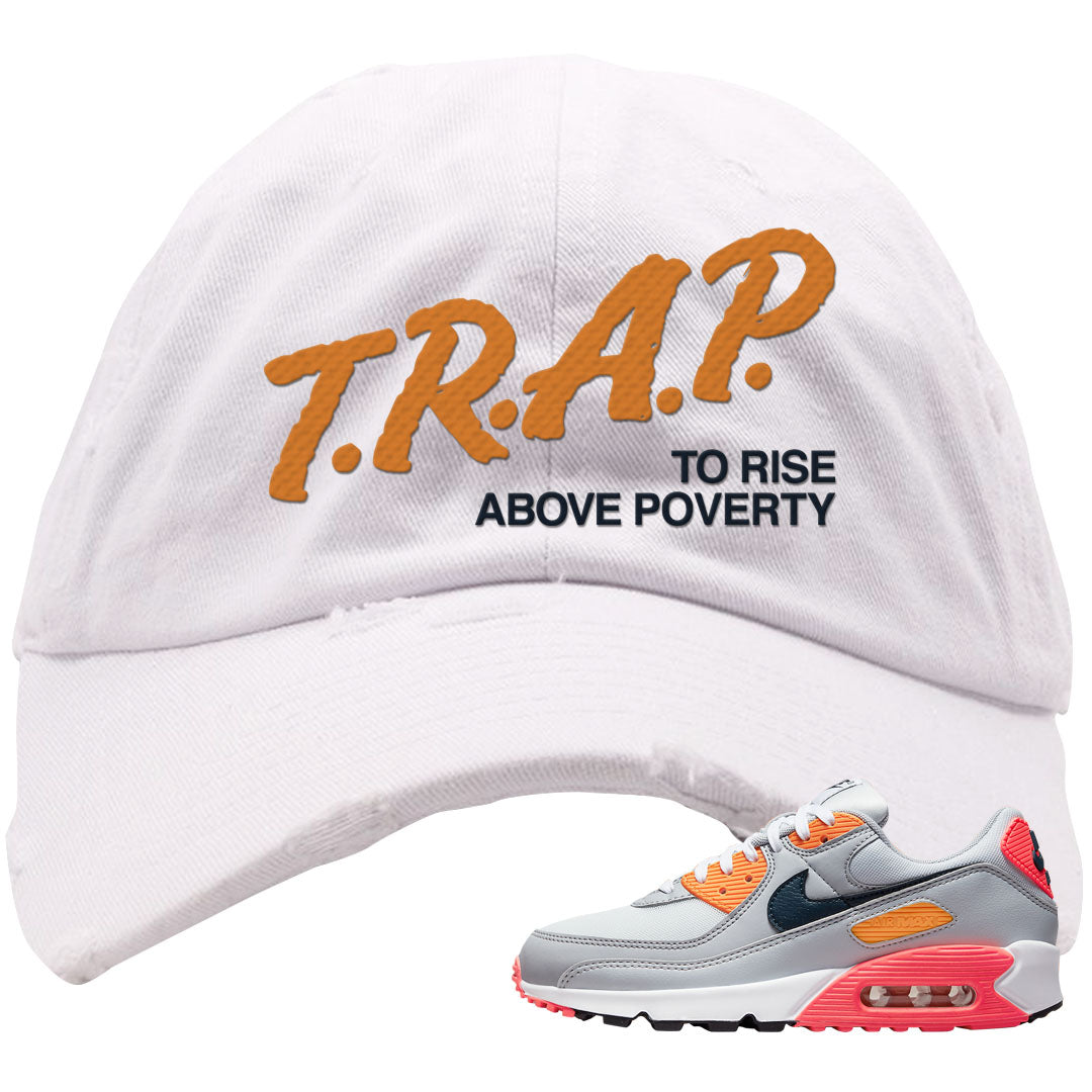 Sunset 90s Distressed Dad Hat | Trap To Rise Above Poverty, White