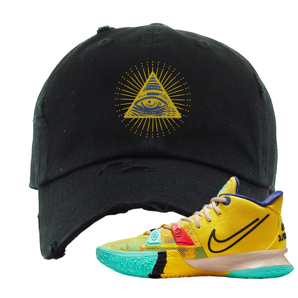 1 World 1 People Yellow 7s Distressed Dad Hat | All Seeing Eye, Black