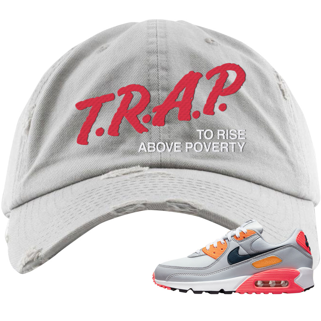Sunset 90s Distressed Dad Hat | Trap To Rise Above Poverty, Light Gray