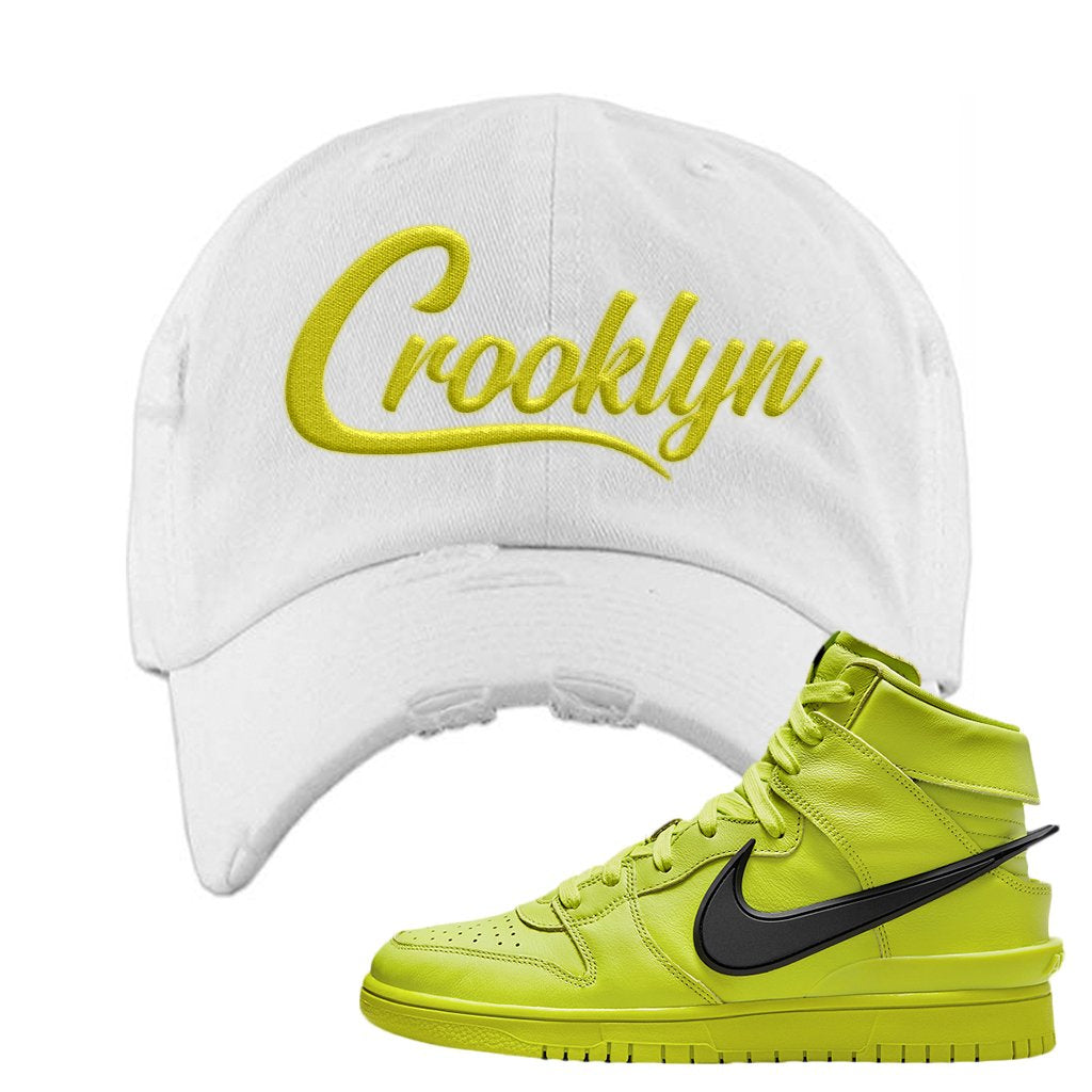Atomic Green High Dunks Distressed Dad Hat | Crooklyn, White