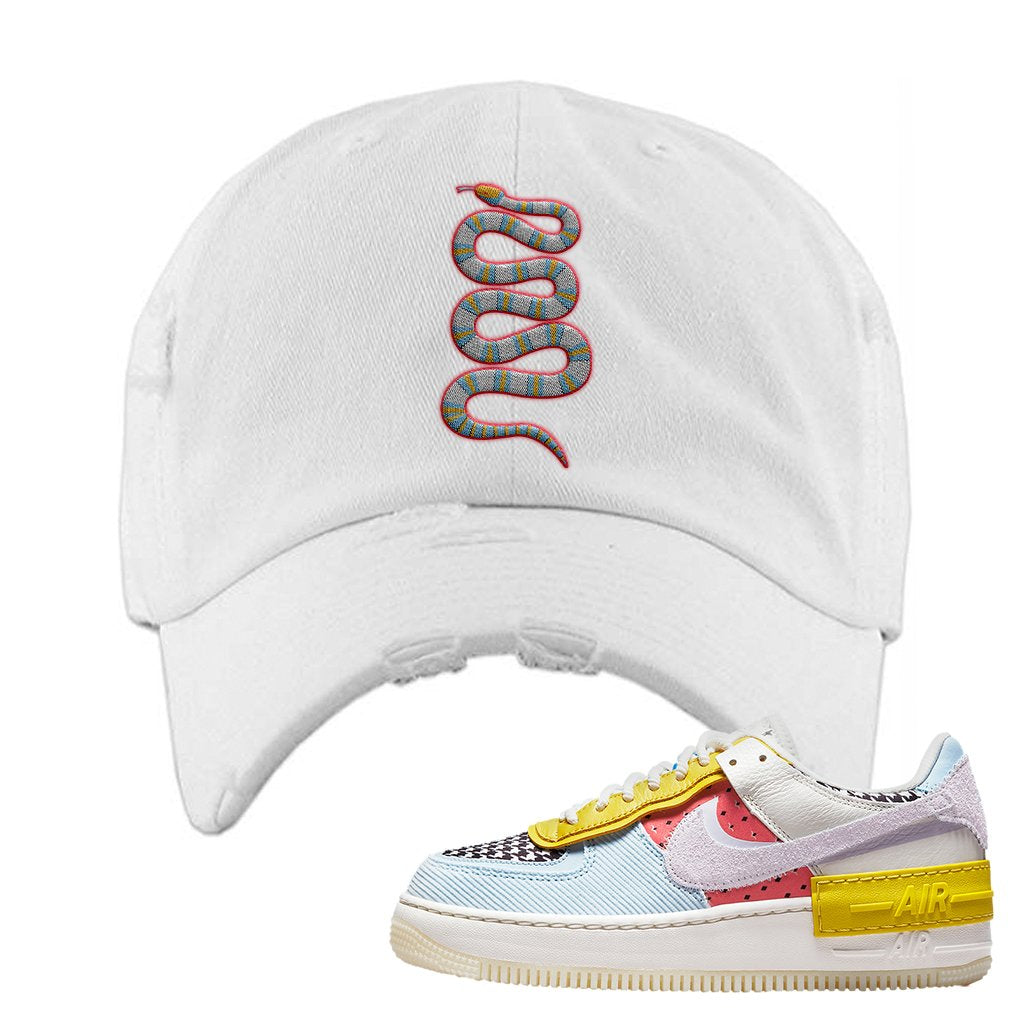 Air Force 1 Shadow Multi-Color Distressed Dad Hat | Coiled Snake, White