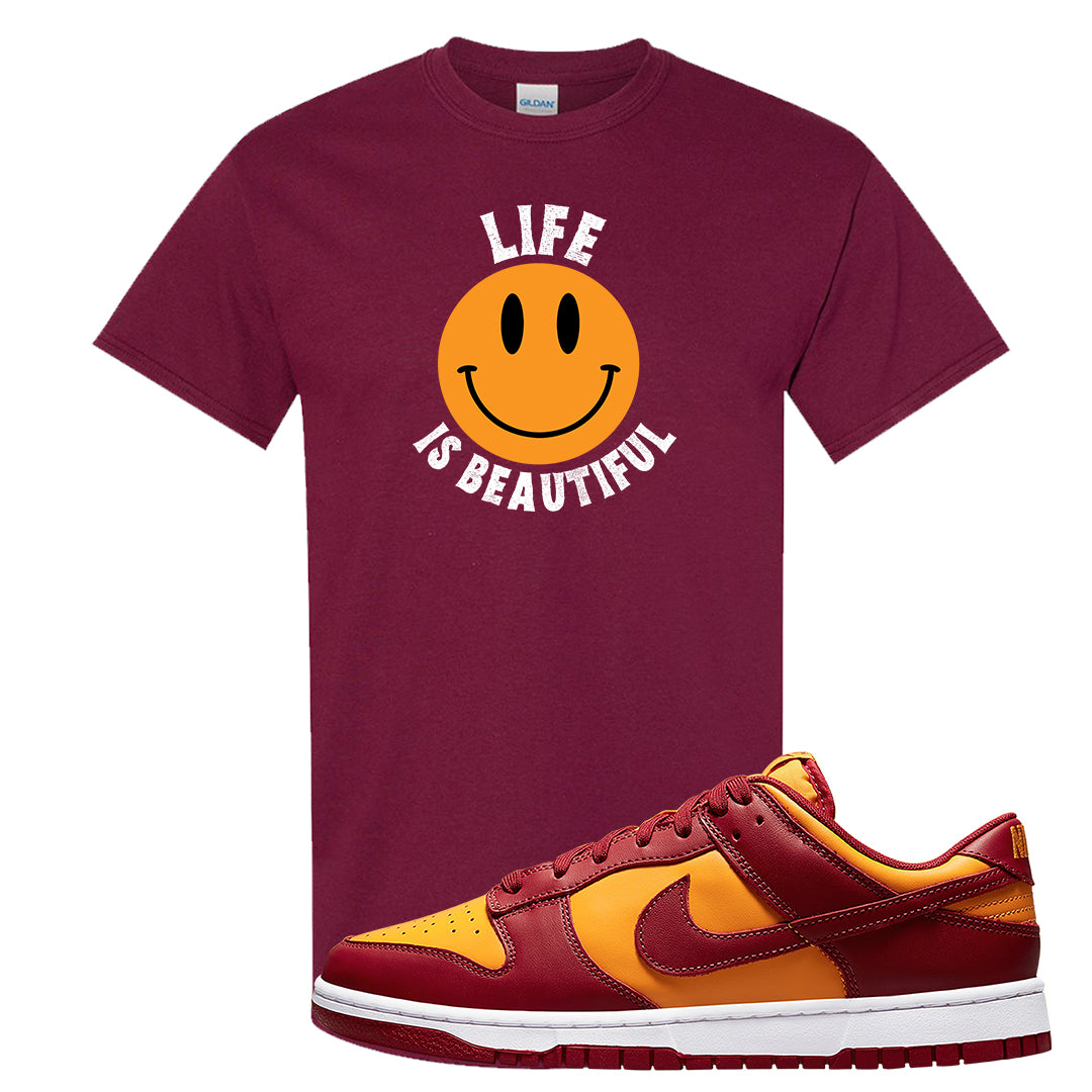 Midas Gold Low Dunks T Shirt | Smile Life Is Beautiful, Maroon