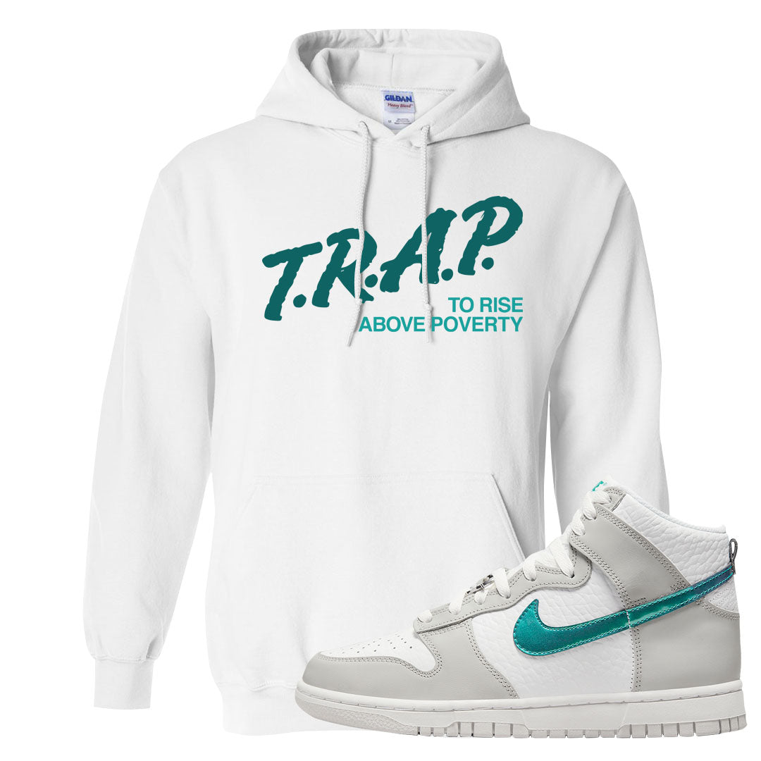 White Grey Turquoise High Dunks Hoodie | Trap To Rise Above Poverty, White