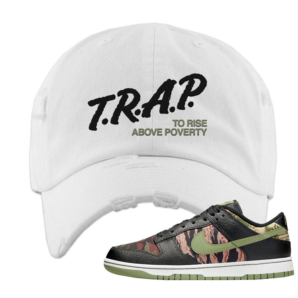 Multi Camo Low Dunks Distressed Dad Hat | Trap To Rise Above Poverty, White